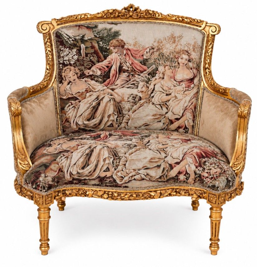 Sofa baroc din lemn auriu cu tapiterie goblen
