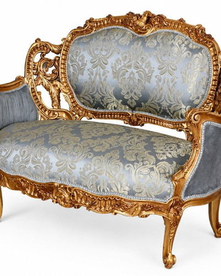 Sofa baroc din lemn auriu cu tapiterie matase bleu