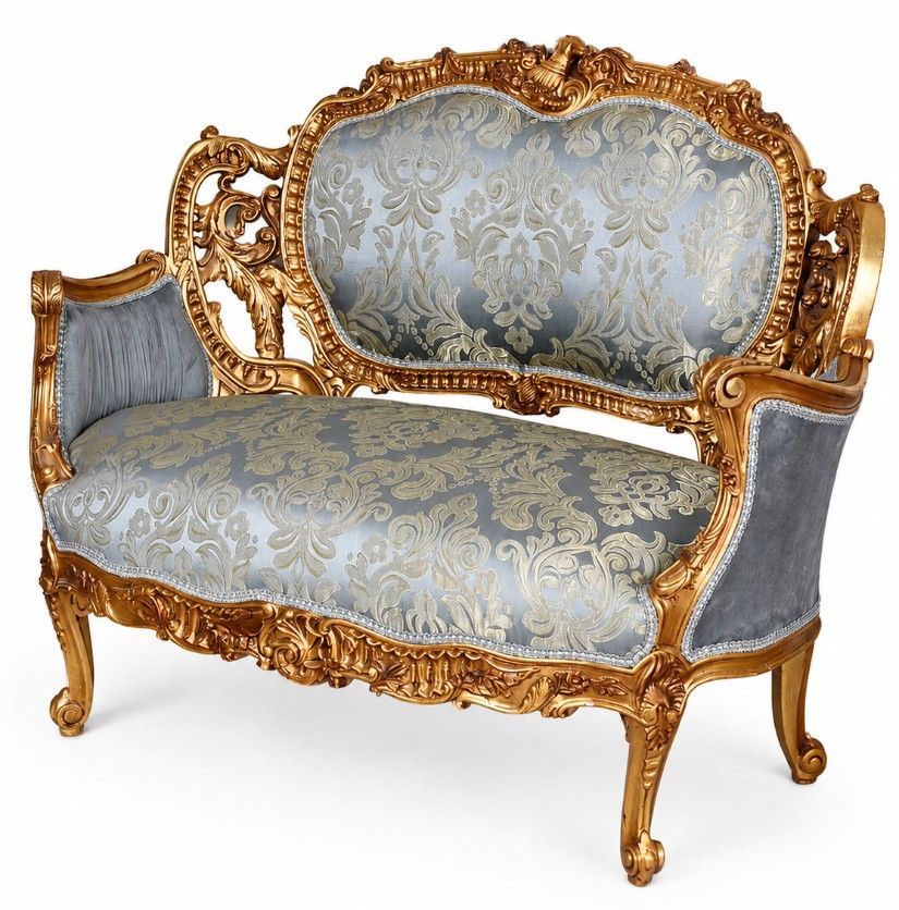 Sofa baroc din lemn auriu cu tapiterie matase bleu
