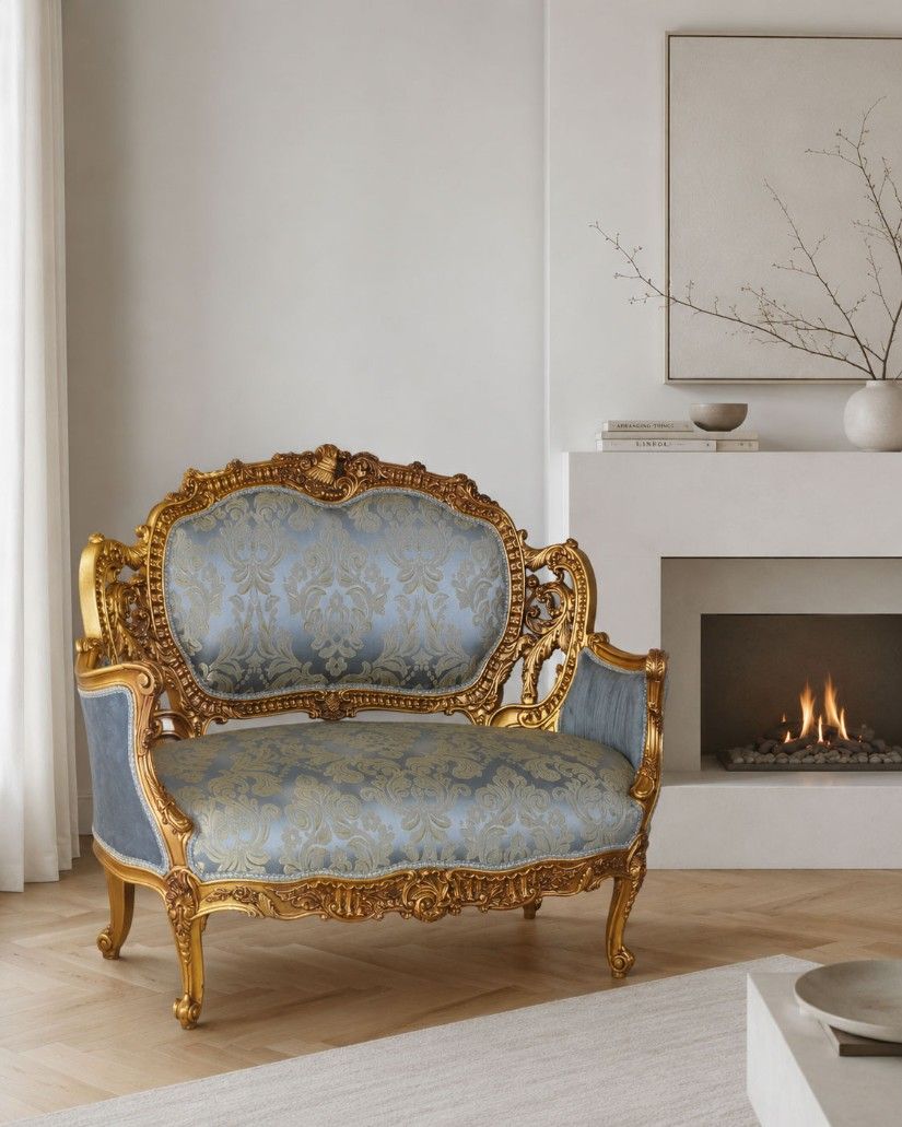 Sofa baroc din lemn auriu cu tapiterie matase bleu