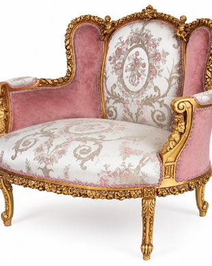 Sofa baroc din lemn auriu cu tapiterie catifea si matase