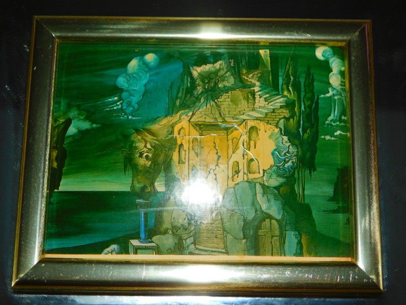 Reproducere vintage Salvador Dali, realizata in Italia, rama, oglinda, reproducerea pe metal, procedeu deosebit
