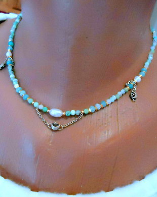 Colier gingas chrisopraz, 6 perle nat , verde- turcuaz