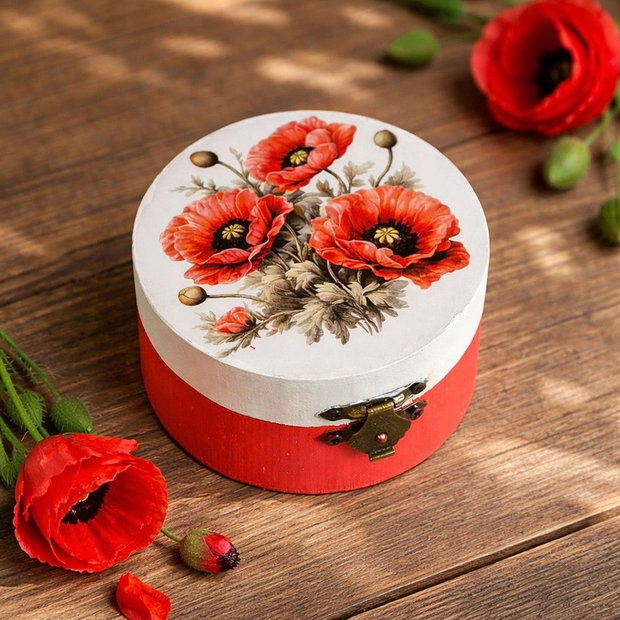 Cutie rotundă din lemn cu maci 230200