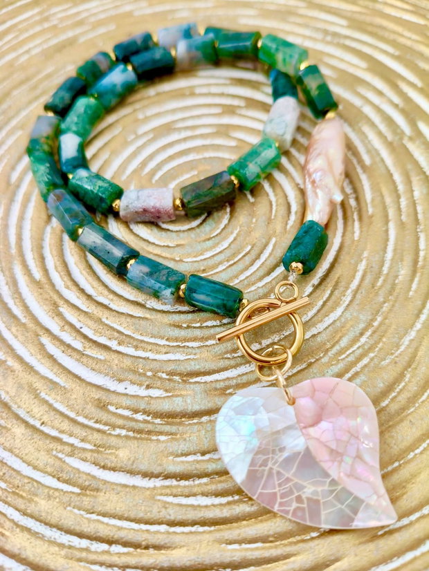 Colier agate de muschi, perle biwa cais & pandantiv inima sidef paua