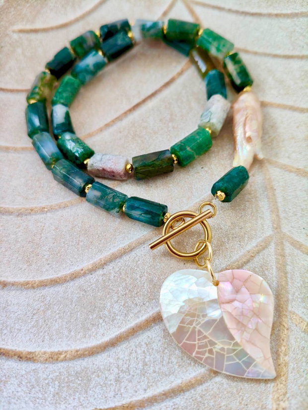 Colier agate de muschi, perle biwa cais & pandantiv inima sidef paua
