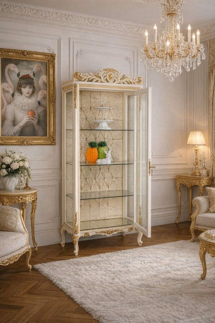 Vitrina baroc din lemn masiv alb cu decoratiuni din alama