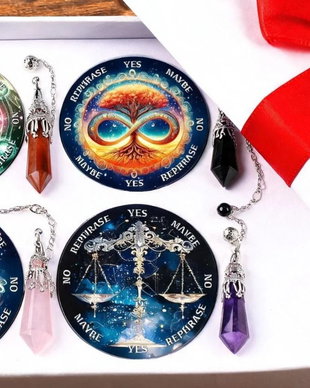 Kit Complet Radiestezie: 4 Plăci Divinație + 4 Penduluri Cristale Naturale