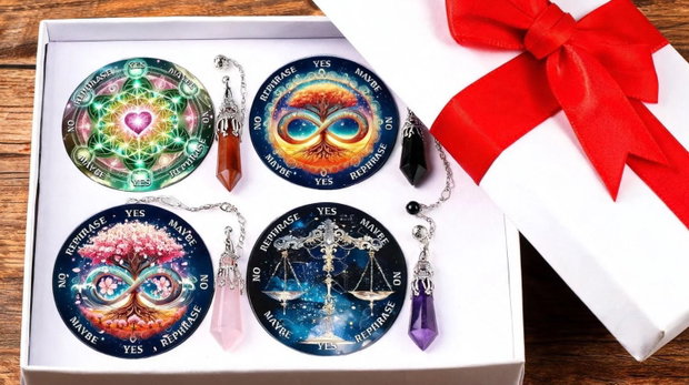 Kit Complet Radiestezie: 4 Plăci Divinație + 4 Penduluri Cristale Naturale
