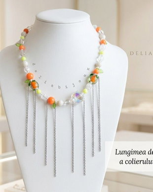 Colier handmade cu portocale, mărgele de sticlă și oțel inoxidabil  bijuterie unicat veselă și colorată de vara (cod1444)