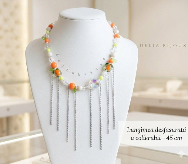 Colier handmade cu portocale, mărgele de sticlă și oțel inoxidabil bijuterie unicat veselă și colorată de vara (cod1444)