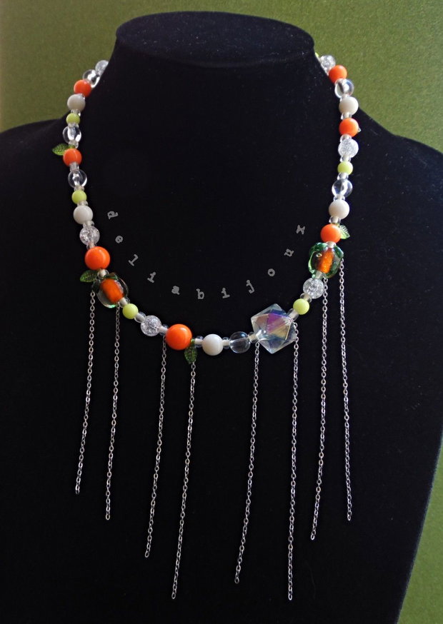 Colier handmade cu portocale, mărgele de sticlă și oțel inoxidabil bijuterie unicat veselă și colorată de vara (cod1444)