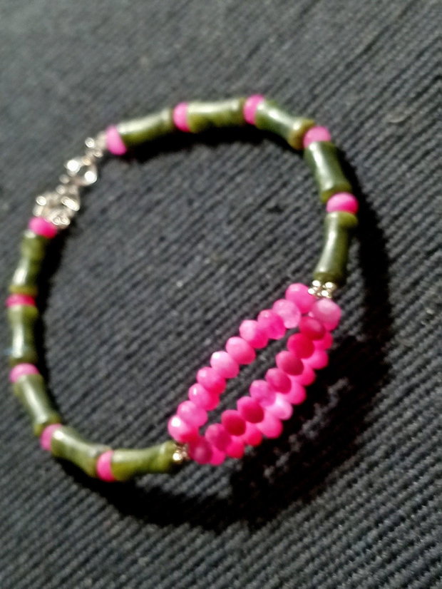 Bratara argint jad verde si fuchsia tub bambus boho chic trendy