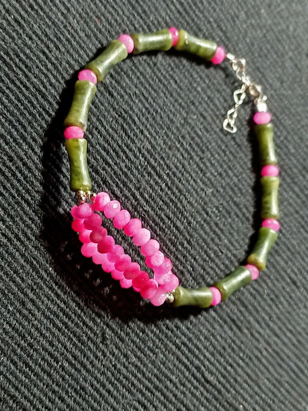 Bratara argint jad verde si fuchsia tub bambus boho chic trendy