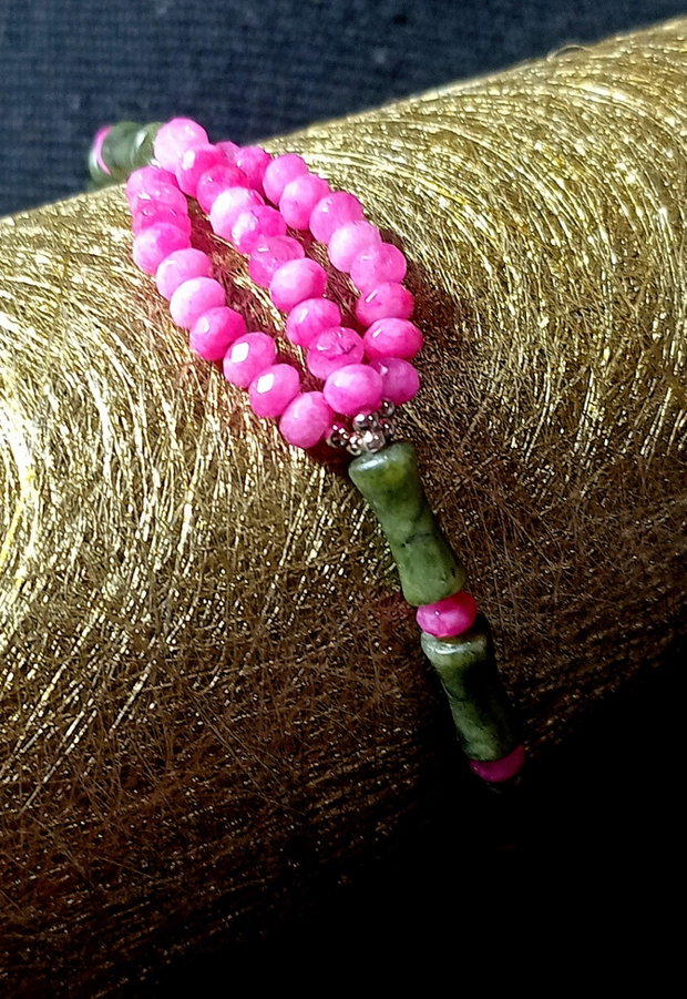 Bratara argint jad verde si fuchsia tub bambus boho chic trendy