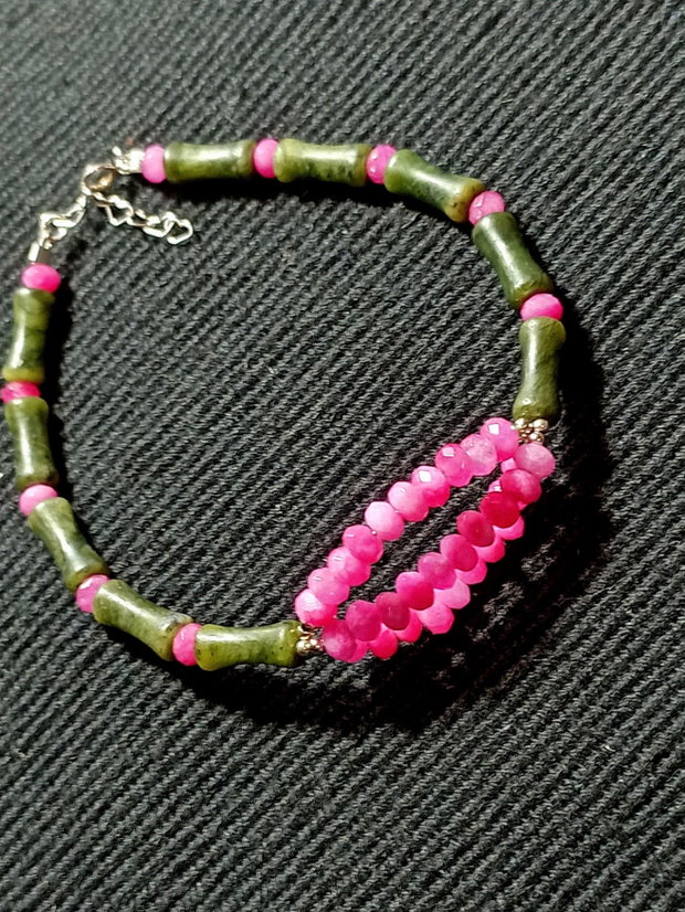 Bratara argint jad verde si fuchsia tub bambus boho chic trendy