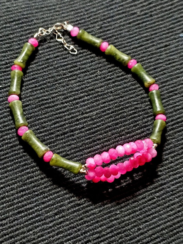 Bratara argint jad verde si fuchsia tub bambus boho chic trendy