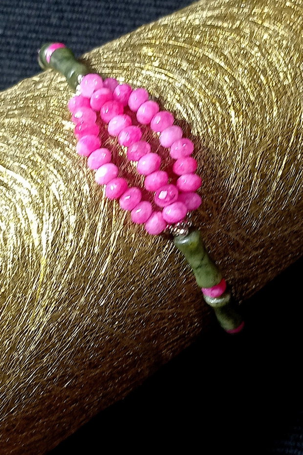 Bratara argint jad verde si fuchsia tub bambus boho chic trendy