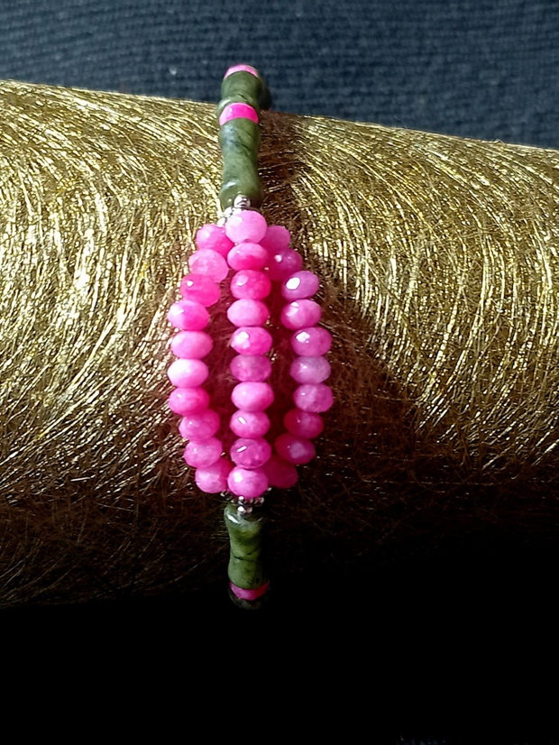 Bratara argint jad verde si fuchsia tub bambus boho chic trendy