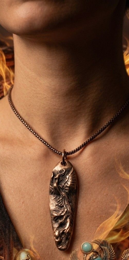 Pandantiv unicat din bronz, oval, cu un phoenix si zirconii galbene