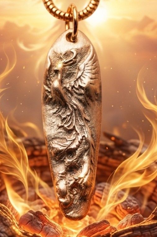 Pandantiv unicat din bronz, oval, cu un phoenix si zirconii galbene
