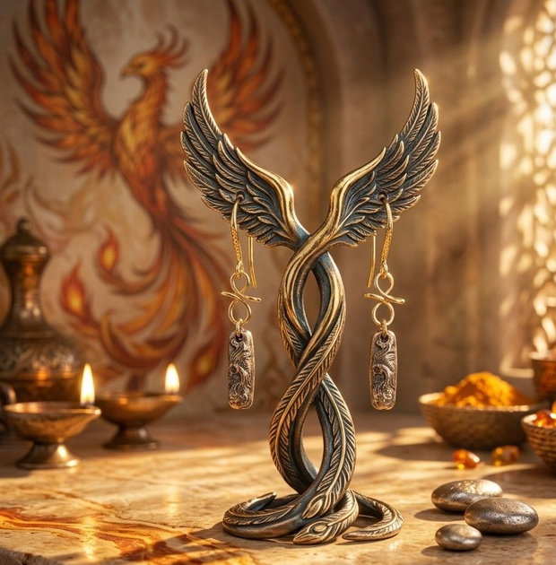 Cercei unicat din bronz, in forma de bagheta, cu un cap de phoenix cu ochi de zirconiu galben