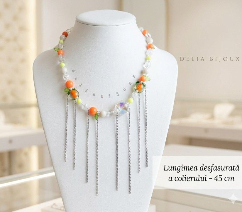 Colier handmade cu portocale, mărgele de sticlă și oțel inoxidabil bijuterie unicat veselă și colorată de vara (cod1444)