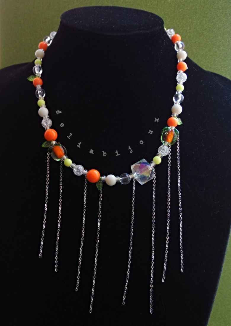 Colier handmade cu portocale, mărgele de sticlă și oțel inoxidabil bijuterie unicat veselă și colorată de vara (cod1444)