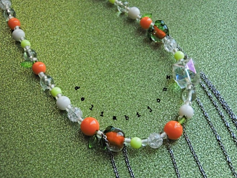 Colier handmade cu portocale, mărgele de sticlă și oțel inoxidabil bijuterie unicat veselă și colorată de vara (cod1444)