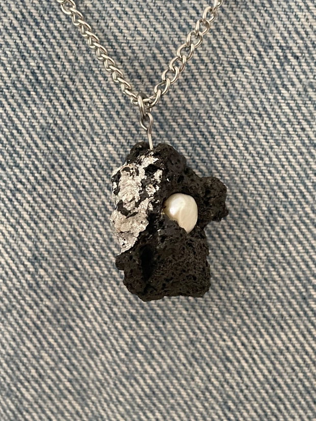 Handmade Colier lava rock si perla