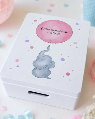 Cufar amintiri pictat manual personalizat cutie trusou botez elefantel