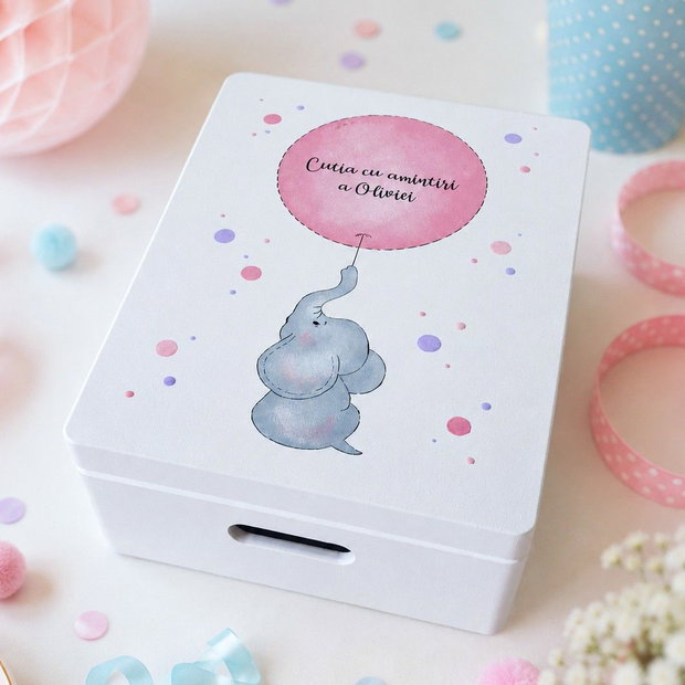 Cufar amintiri pictat manual personalizat cutie trusou botez elefantel