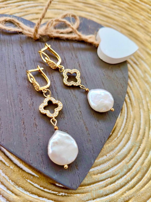 Cercei perle baroc albe & inox gold cubic zirconia