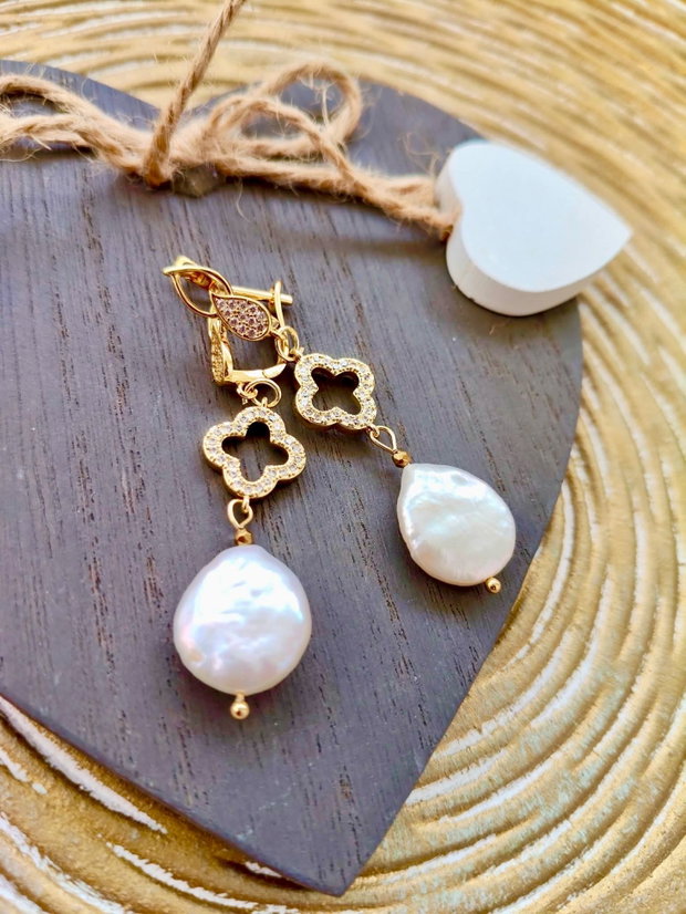 Cercei perle baroc albe & inox gold cubic zirconia