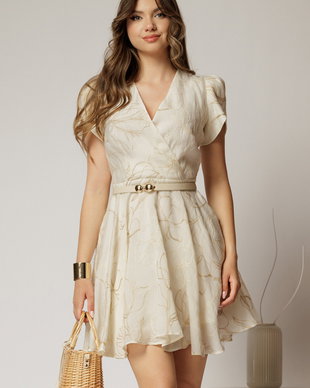 Rochie DY Fashion ivoar scurta cu broderii florale si decolteu petrecut