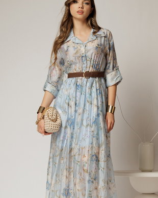 Rochie midi bleu cu imprimeuri din tencel