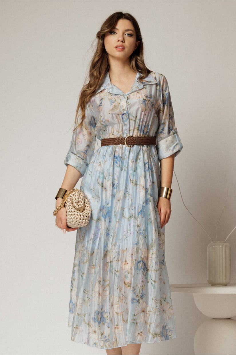 Rochie midi bleu cu imprimeuri din tencel