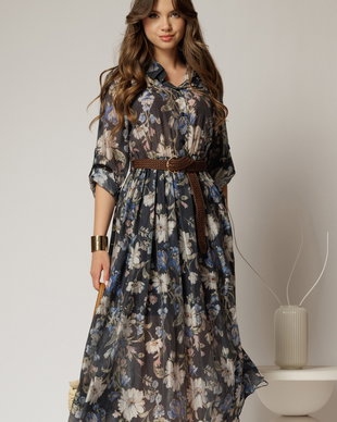 Rochie midi bleumarin cu imprimeuri din tencel