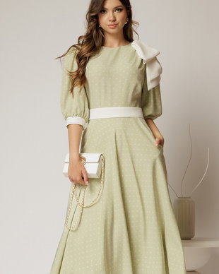 Rochie DY Fashion midi verde fistic cu buline si funda ampla pe umar