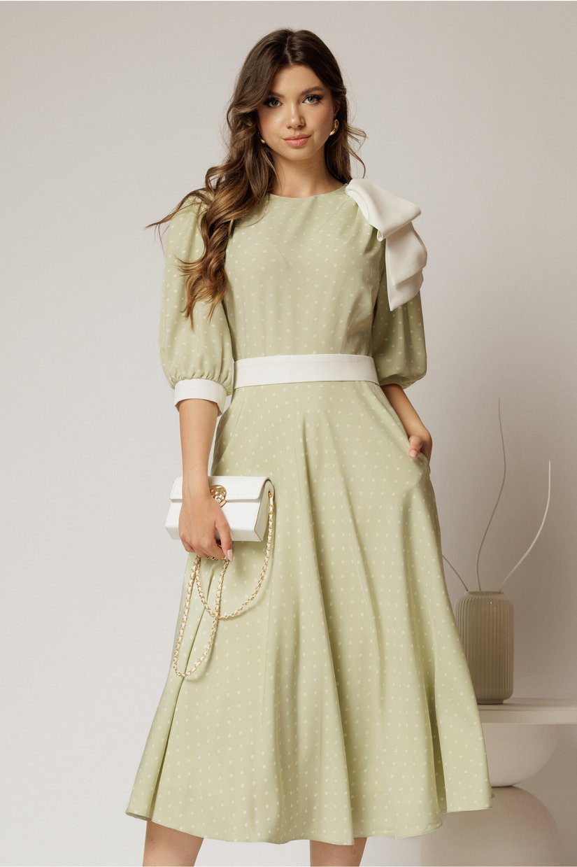 Rochie DY Fashion midi verde fistic cu buline si funda ampla pe umar