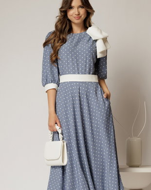 Rochie DY Fashion midi bleu cu buline si funda ampla pe umar