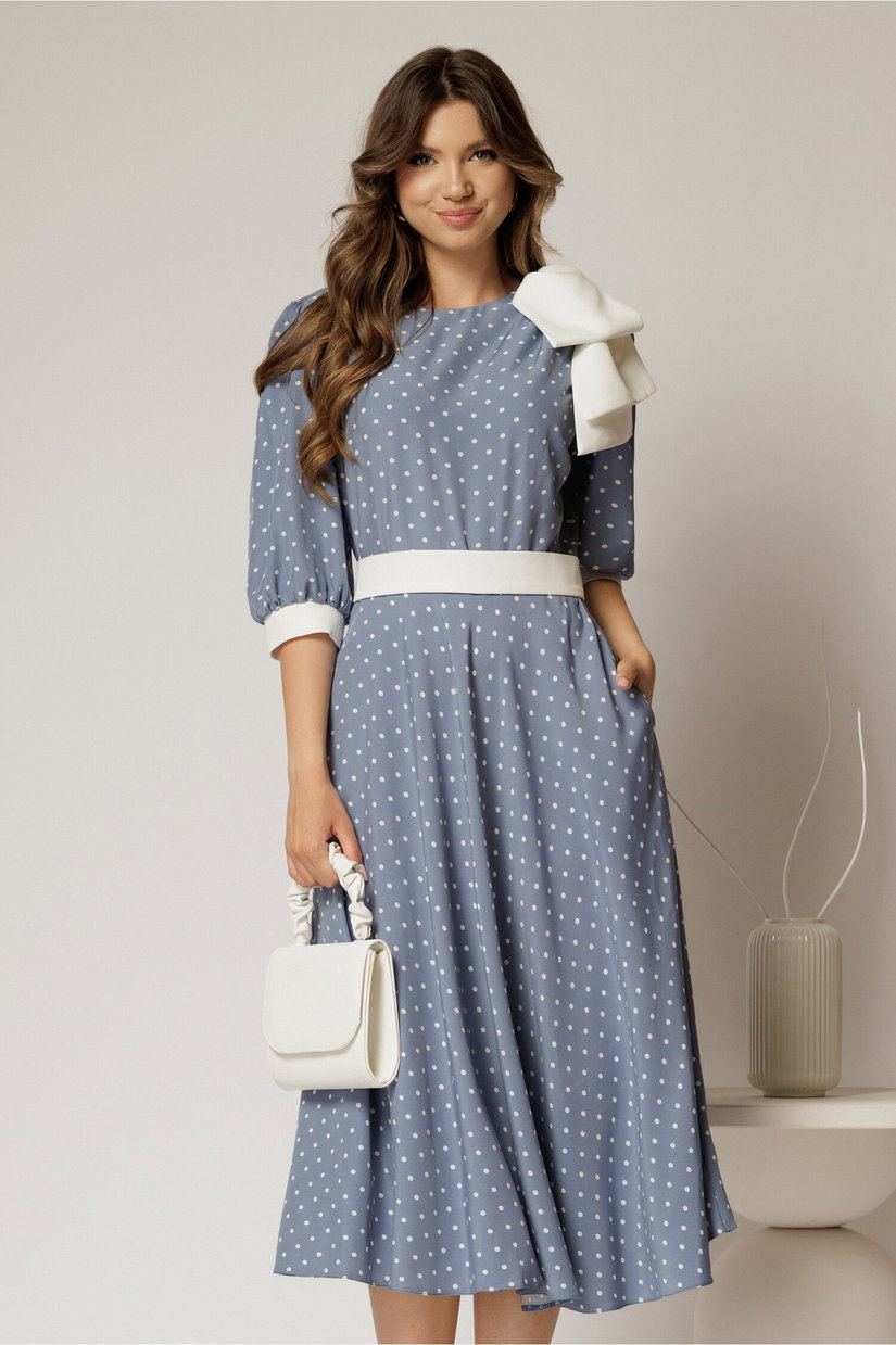 Rochie DY Fashion midi bleu cu buline si funda ampla pe umar