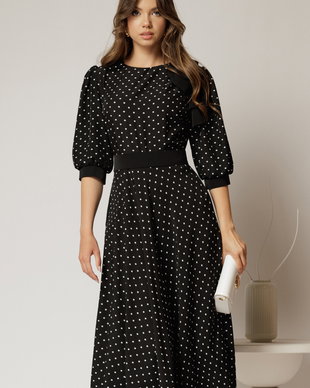Rochie DY Fashion midi neagra cu buline si funda ampla pe umar