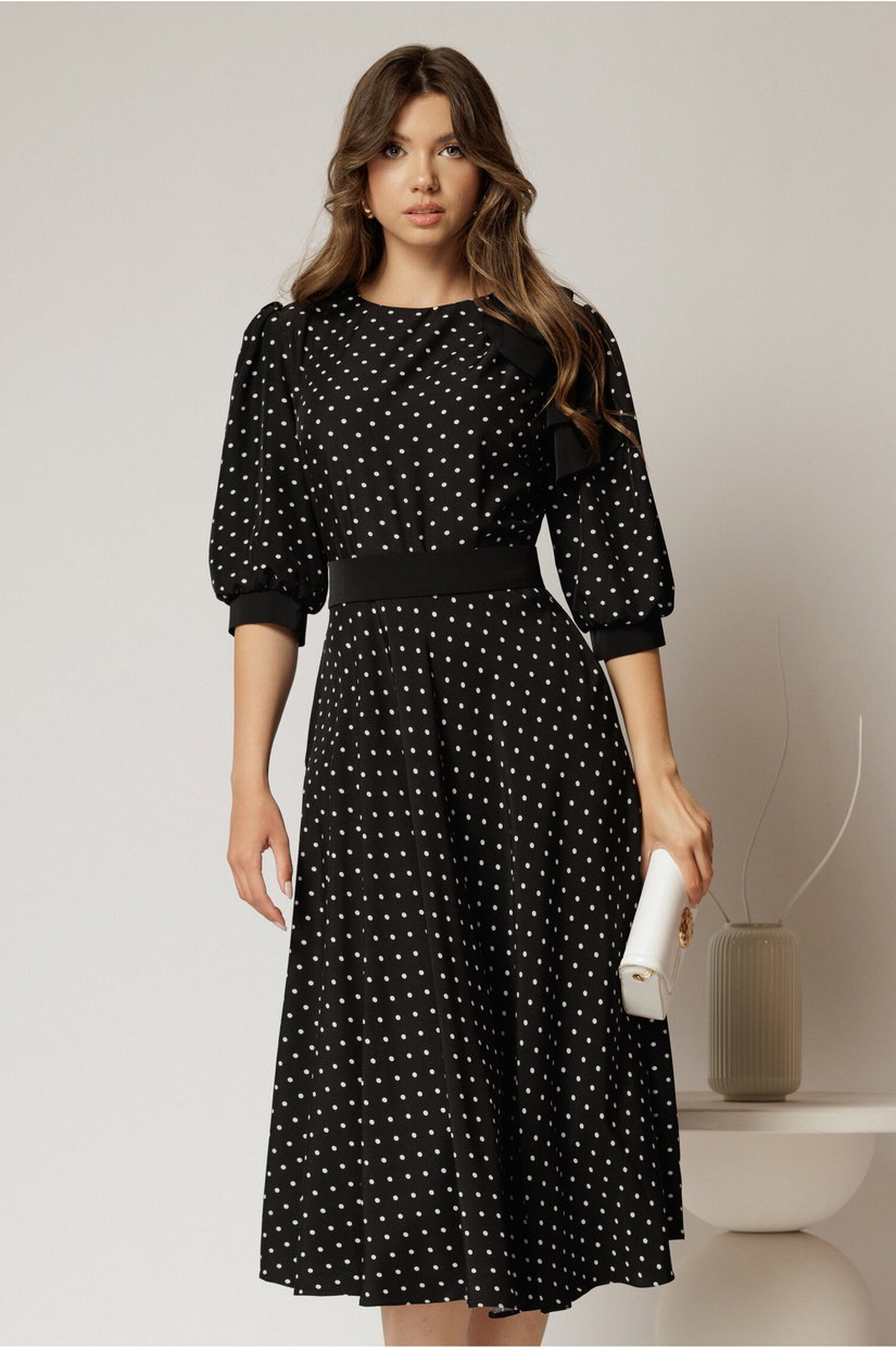 Rochie DY Fashion midi neagra cu buline si funda ampla pe umar