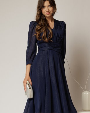 Rochie Gina midi bleumarin din voal cu fir lurex in clos