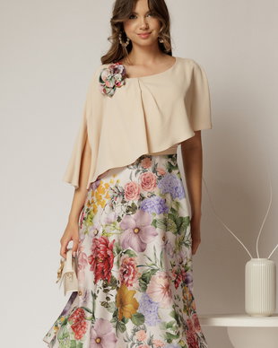 Rochie midi bej de ocazie cu imprimeuri florale pe fusta