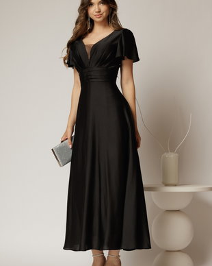 Rochie lunga neagra de ocazie cu decolteu adanc si maneci scurte evazate