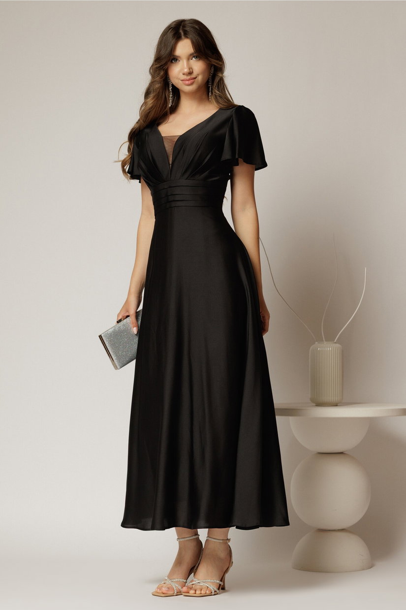 Rochie lunga neagra de ocazie cu decolteu adanc si maneci scurte evazate