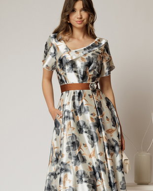 Rochie midi din satin cu imprimeuri gri si maro