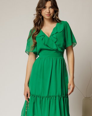 Rochie midi din voal verde cu decolteu petrecut cu volanase si maneci scurte